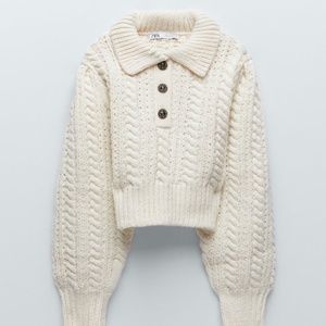 ZARA Cable Knit Cropped Sweater with Gem Buttons